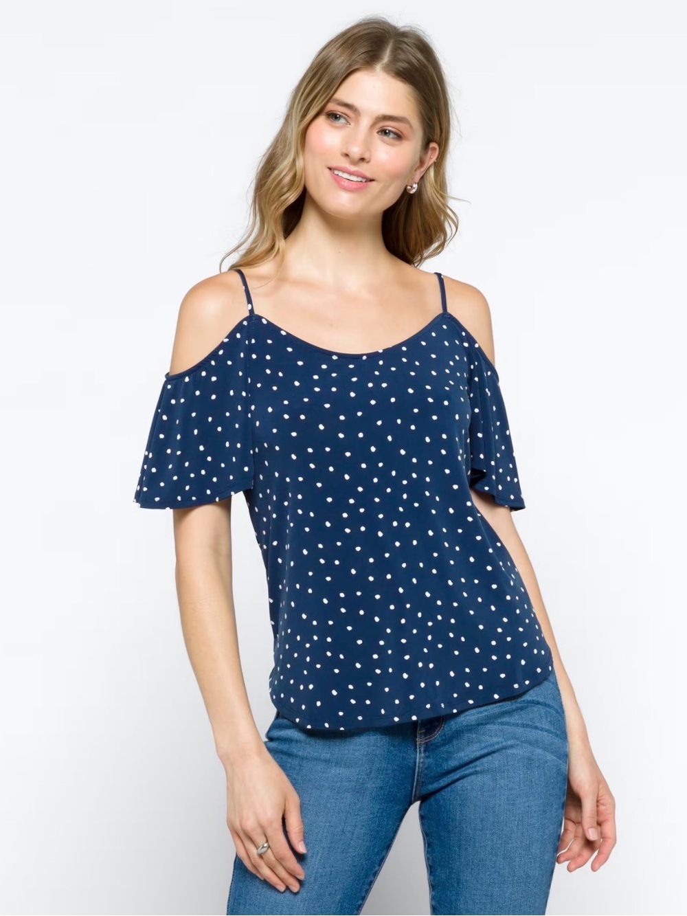 Kaileigh Navy and White Polka Dot Cold-Shoulder Knit Top